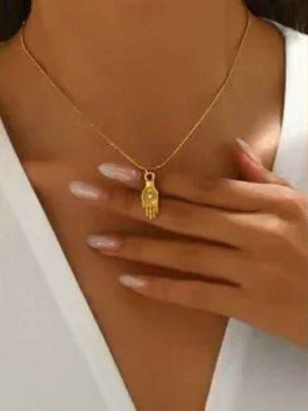Gold Stainless Steel Hamsa Hand Charm Necklace